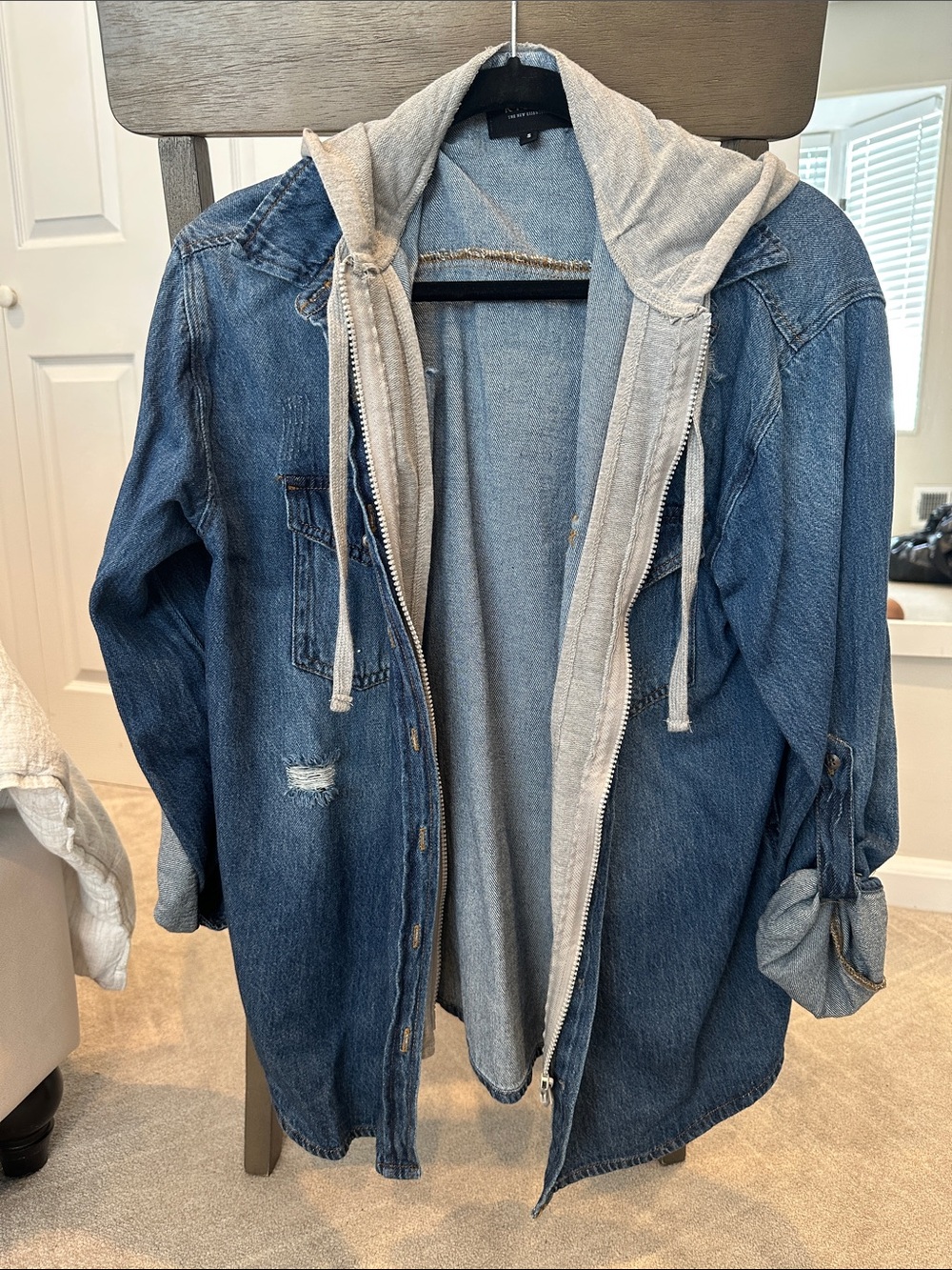Denim Jacket with Grey Hooded Liner - Casual Women’s Coat
